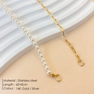 Retro 14K gold plated stainless steel necklace with faux pearls and textured chain