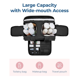 Large capacity black travel toiletry bag with wide-mouth opening and multiple compartments