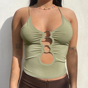 Plus Size Women Sexy Tank Top Polyester Spandex Hollow Out Metal Ring Backless Cropped Slim Fit Summer Streetwear