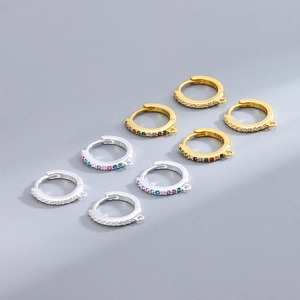S925 sterling silver hoop earrings with colorful cubic zirconia in gold and silver finish