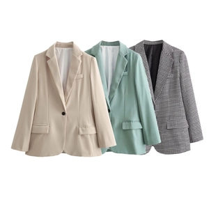 Detailed comparison of classic single-button blazers in beige, mint, and houndstooth check