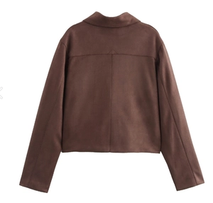 Back view of a brown faux suede short jacket with classic collar and fine seam detailing