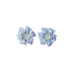 Elegant light blue resin flower earrings with purple edges and 3D petal details