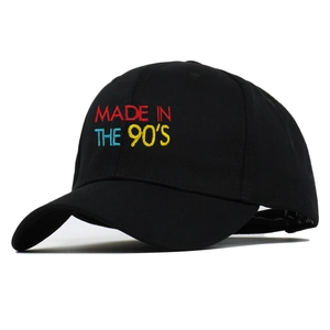 Classic black cotton baseball cap with colorful MADE IN THE 90'S vintage embroidery