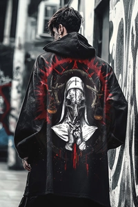 Detail of nun skull graphic print on black oversized hooded sweatshirt for men