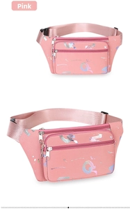 Detailed views of pink oxford waist bag showing zip compartments and rainbow letter print