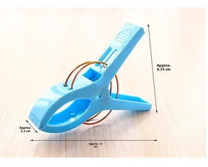 Blue heavy duty plastic clothespin showing dimensions 13cm length and strong metal spring