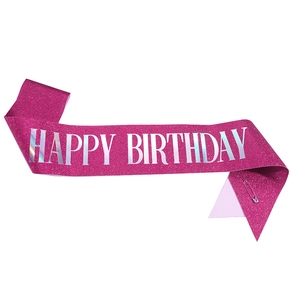 Pink glitter Happy Birthday sash with silver laser lettering and safety pin accessory