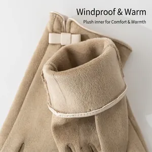 Women's faux suede warm gloves in camel with thermal fleece lining and bow detail