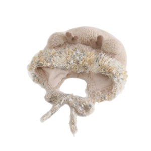 Kids plush earflap hat with brown antlers and faux mink fur in creamy white color