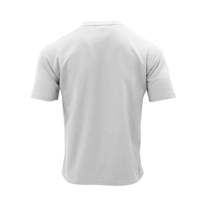 Detail view of the back of a white waffle knit short sleeve t-shirt with textured fabric