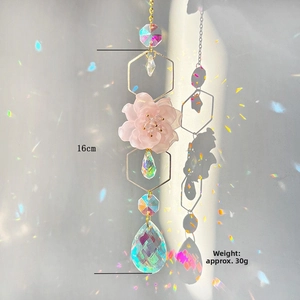 Pink flower crystal suncatcher detail with golden hexagon frame and dimensions showing 16cm