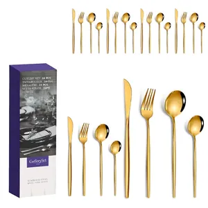 Detailed view of 24pcs gold stainless steel cutlery set with purple gift packaging box