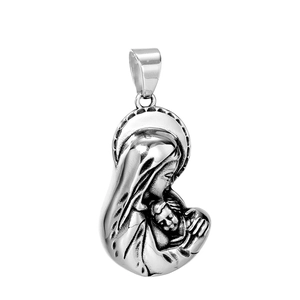 Virgin Mary And Child Jesus Relief Pendant Necklace Stainless Steel Vintage Religious Jewelry For Men Women