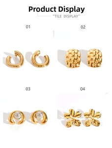 Detail showing four gold geometric earring styles including woven texture and pearl accents
