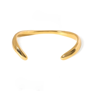 Minimalist gold stainless steel C-shaped cuff bracelet with a polished lattice texture