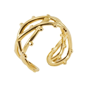 Golden double-layer intertwined open ring with spherical accents on a white background