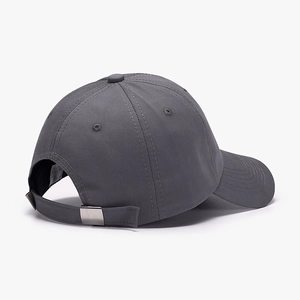 Dark grey cotton baseball cap featuring six-panel construction and adjustable silver buckle