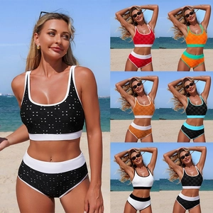 Bikini Top And High Waisted Bottom Swimsuit Polka Dot Eyelet Hollow Contrast Binding Athletic Top Beachwear For Women Polyester