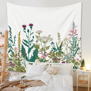 Detail of vintage wildflower botanical print on a white polyester wall hanging tapestry