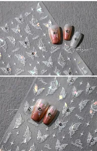 Macro detail of 3D laser butterfly nail stickers with holographic shimmer and stars