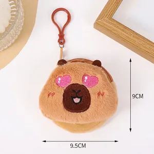 Cute Capybara plush coin purse with pink heart eyes and hanging hook for bags, 9.5cm size