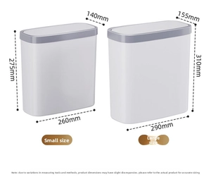 Detailed dimension comparison for small and large slim rectangular trash bins in white