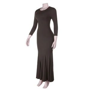 Detail of slim fit dark brown long sleeve midi dress with elegant fishtail hem on mannequin