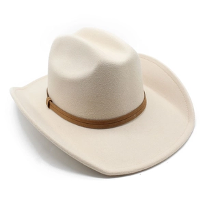 Detail of wide brim felt cowboy hat with minimalist brown leather decorative band