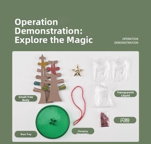 Detail view of the magic crystal tree kit components including base, liquid, and stars