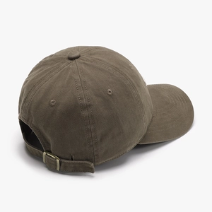 Olive green cotton baseball cap featuring 3D letter embroidery and vintage metal buckle