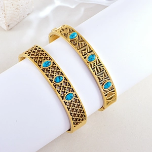 Bohemian Stainless Steel Hollow Out Turquoise Bangle Bracelet For Women Vintage Geometric Inlaid Gold Cuff Bangle Jewelry