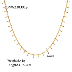 18K gold plated stainless steel necklace with small vertical bar charms on white background