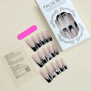 Extra long French style press-on nail kit with 24 pieces including file and glue stickers