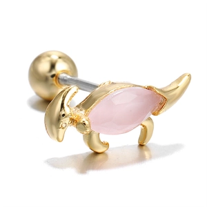 Detail view of a golden dinosaur stud earring with a pink gem and screw-back ball closure
