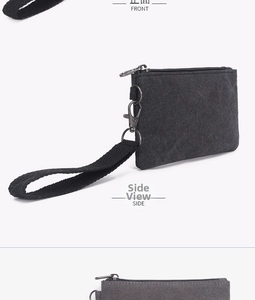 Detailed front and side views of black canvas coin purse with metal zipper and wrist strap