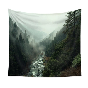 Nature landscape wall tapestry featuring a misty forest and stream for home decor