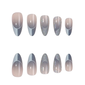 Chic smog blue almond press-on nails with silver glitter and modern geometric design