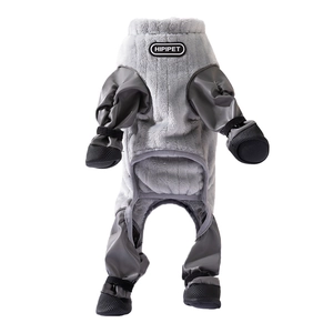 Winter warm dog jumpsuit in grey fleece with integrated anti-slip waterproof boots