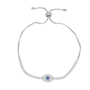 Silver Evil Eye bolo bracelet with sparkling blue crystals and adjustable chain