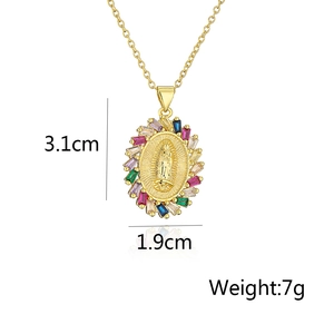 Detail of 18K gold Virgin Mary pendant necklace showing size dimensions and weight