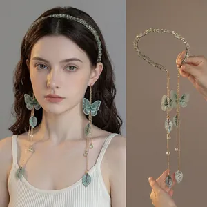 Elegant light green striped beaded headband with long butterfly tassels for a forest style