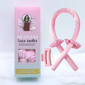 Pink tie-dye heatless hair curler set with scrunchies and clip in premium packaging