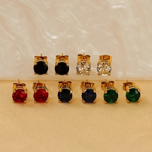 Round Cubic Zirconia Stud Earrings 18K Gold Plated Stainless Steel Minimalist Fashion Jewelry For Women