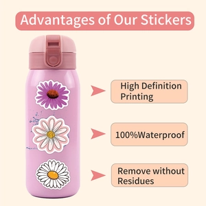 Waterproof daisy flower stickers on a pink bottle showing HD printing and no residue