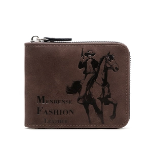 Brown leather tri-fold wallet for men with Western cowboy embossment and zip closure