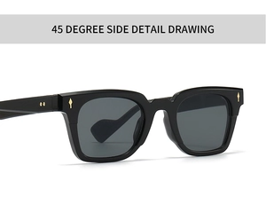 45-degree side view showing black square sunglasses with golden arrow metal accents