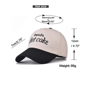 Detailed view of the diet coke embroidery and dimensions on this two-tone baseball cap