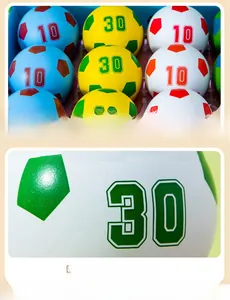 Detailed macro view of colorful 6cm mini soccer balls with numbers 10 and 30 print