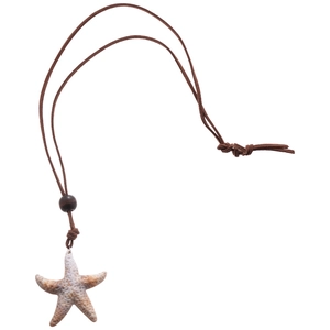 Vintage starfish pendant necklace with brown leather cord and wooden beads for summer